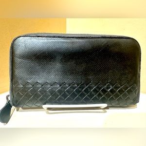 Bottega Gunmetal Intreccio Long Zip Wallet